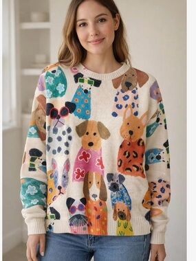 Playful Dog Motif Crewneck Oversize Sweater - Cream Multi 2XL